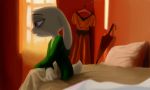  anthro bed biped clothing detailed_background dipstick_ears disney dress fur furniture grey_body grey_fur hi_res judy_hopps lagomorph leporid light mammal multicolored_ears on_bed pillow purple_eyes rabbit shadow sitting solo theblueberrycarrots tired umbrella zootopia 
