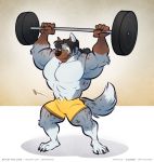  2019 3_toes 5_fingers abs barbell biceps big_muscles black_claws black_hair black_nose blue_body blue_fur blush bottomwear brown_body brown_fur canid canine canis claws clothed clothing coyote embarrassed exercise fingers fur green_eyes hair hyaenid hybrid long_hair male mammal muscular muscular_male pac pecs plantigrade ponytail quads shorts simple_background solo spots spotted_body spotted_fur toes topless triceps weightlifting white_body white_fur workout zephyrus_(cooner) 
