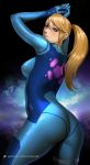  1girl ass blonde_hair blue_bodysuit blue_eyes blush bodysuit breasts from_behind hands_up highres long_hair looking_at_viewer looking_back medium_breasts metroid mole mole_under_mouth nextoad ponytail samus_aran skin_tight solo space tied_hair zero_suit 