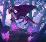  2018 day detailed_background digital_media_(artwork) dragon forest grass green_eyes hi_res horn membrane_(anatomy) membranous_wings outside paws purple_body purple_scales scales scalie spines tree western_dragon wings yessys 