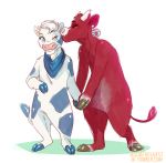  2016 anthro bandanna beauty_mark blue_body blue_eyes blue_fur bovid bovine cattle duo ear_piercing ear_tag eyes_closed female female/female flynx-flink fur hand_holding hi_res holstein_friesian_cattle hooves horn kissing lactaid lactaid_cow mammal mascot one_eye_closed piercing red_body red_fur simple_background spots the_laughing_cow 