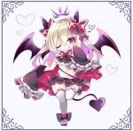  1girl ;q bangs black_bow black_skirt black_sleeves black_wings blonde_hair blush boots bow chibi closed_mouth commentary_request demon_girl demon_horns demon_tail demon_wings detached_sleeves eyebrows_visible_through_hair full_body hair_between_eyes hair_bow horns long_hair long_sleeves multicolored_hair one_eye_closed original pleated_skirt purple_hair red_bow red_eyes shikito skirt sleeves_past_fingers sleeves_past_wrists smile solo standing standing_on_one_leg tail thigh_boots thighhighs tongue tongue_out two-tone_hair white_background white_footwear white_legwear wings 