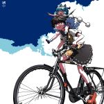  2girls artist_name bicycle black_footwear black_hair black_legwear bloomers blue_bow blue_eyes blue_hair blue_sky bow cirno cloud dress frilled_dress frilled_skirt frills ground_vehicle hair_bow hat highres huxiao_(mistlakefront) mary_janes multiple_girls open_mouth pom_pom_(clothes) puffy_short_sleeves puffy_sleeves red_eyes red_footwear shameimaru_aya shoes short_sleeves skirt sky socks tokin_hat touhou underwear white_legwear 