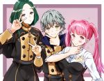  1girl 2boys ashe_ubert blue_eyes closed_mouth commentary_request fire_emblem fire_emblem:_three_houses freckles garreg_mach_monastery_uniform green_eyes green_hair grey_hair hand_on_own_chin highres hilda_valentine_goneril hood hood_down linhardt_von_hevring long_hair long_sleeves multiple_boys oroshipon_zu parted_lips pink_eyes pink_hair short_hair smile stroking_own_chin twintails uniform upper_body v v_over_eye 