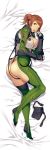  1girl ass bodysuit breasts brown_eyes brown_hair cleavage dakimakura full_body gloves hair_ornament hairclip highres holster large_breasts official_art olive_oppert one_eye_closed open_mouth side_ponytail solo super_robot_wars super_robot_wars_x-omega watanabe_wataru 