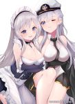  2girls apron azur_lane b_b_b_b66 bare_legs belfast_(azur_lane) black_coat blue_eyes braid breasts broken broken_chain chain cleavage coat collar english_commentary enterprise_(azur_lane) french_braid frilled_apron frills grey_hair hat large_breasts long_hair maid maid_apron maid_headdress military_hat multiple_girls one_eye_closed open_clothes open_coat patreon_logo patreon_username peaked_cap pleated_skirt purple_eyes shirt silver_hair skirt sleeveless sleeveless_shirt smile white_apron white_background white_headwear yuri 