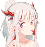 1girl arknights bangs blush braid closed_mouth collarbone commentary_request grey_hair hair_between_eyes horns inniyik long_hair looking_at_viewer multicolored_hair nian_(arknights) pointy_ears ponytail portrait purple_eyes red_hair simple_background solo streaked_hair tongue tongue_out white_background 