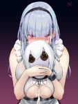  1girl apron azur_lane bangs black_hairband blue_hair blunt_bangs blush breast_squeeze breasts character_doll commentary_request crying cum cum_on_body cum_on_breasts cum_on_upper_body dido_(azur_lane) eyebrows_visible_through_hair eyes_visible_through_hair frills hairband highres huge_breasts jewelry long_hair looking_at_viewer oekakizuki paizuri pink_eyes shaded_face signature simple_background single_earring sleeveless solo tears underboob_cutout upper_body waist_apron white_apron 