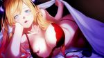  1girl blonde_hair bra breasts demon_girl demon_tail fenrir_(fenlil0316) highres hololive large_breasts lips long_hair looking_at_viewer on_bed parted_lips red_bra solo succubus tail underwear underwear_only virtual_youtuber yuzuki_choco 