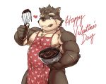  2017 5:4 5_fingers anthro apron bearwivme black_nose brown_body brown_fur candy canid canine canis chocolate clothing domestic_dog fingers food fur holidays humanoid_hands male mammal moritaka multicolored_body multicolored_fur muscular muscular_male nipples one_eye_closed scar simple_background solo tokyo_afterschool_summoners two_tone_body two_tone_fur valentine&#039;s_day video_games white_background 