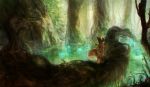  ambiguous_gender anthro brown_hair canid canine cloak clothed clothing dipstick_tail eiminsansan forest fox fur hair kemono landscape mammal multicolored_tail nature orange_body orange_fur outside painting_(artwork) scenery solo traditional_media_(artwork) tree walking water たまかけご 