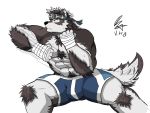  4:3 absurd_res anthro body_hair brown_body brown_fur bulge canid canine canis chest_hair fur grey_body grey_fur hand_wraps hi_res horkeukamui male mammal multicolored_body multicolored_fur muscular muscular_male signature simple_background solo tokyo_afterschool_summoners two_tone_body two_tone_fur vhubnh3 video_games white_background wolf wraps 