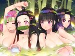  bathing kamado_nezuko kanroji_mitsuri kimetsu_no_yaiba kochou_shinobu onsen topless waterring wet 
