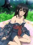  1girl bangs black_hair blue_kimono blush breasts brown_eyes cherry_blossoms cleavage collarbone day eyebrows_visible_through_hair hair_between_eyes highres himeragi_yukina japanese_clothes kimono long_hair looking_at_viewer medium_breasts off_shoulder official_art open_mouth outdoors shiny shiny_hair shiny_skin solo strike_the_blood 