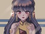  1girl artist_name bangs double_bun earrings eyebrows_visible_through_hair hair_bun highres holding_lipstick_tube ing5 jewelry lips lipstick long_hair looking_at_viewer makeup nail_polish purple_eyes purple_hair ranma_1/2 shampoo_(ranma_1/2) solo upper_body 