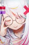  1girl absurdres breasts chromatic_aberration cleavage close-up glasses highres long_bay looking_at_viewer multicolored_hair one_eye_closed original portrait red_eyes red_hair round_eyewear solo sparkle streaked_hair tongue tongue_out white_hair 