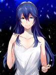  1girl ameno_(a_meno0) bangs bare_arms blue_eyes blue_hair blurry blurry_background breasts collarbone commentary_request eyelashes fire_emblem fire_emblem_awakening hair_between_eyes hand_on_own_shoulder hand_up long_hair looking_at_viewer lucina_(fire_emblem) open_hand shiny shiny_hair shirt sidelocks sleeveless small_breasts smile snow solo tiara upper_body white_shirt 