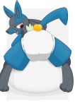  2020 3_toes anthro biped black_body black_fur blue_body blue_fur blush butt butt_focus cute_fangs diaper fangs food fur hi_res kagami_mochi looking_back lucario lying nintendo nyanyakotarou open_mouth pok&eacute;mon pok&eacute;mon_(species) red_eyes solo toes video_games 