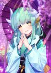  1girl aqua_hair atori blurry depth_of_field dragon_horns fate/grand_order fate_(series) flower hair_ornament hands_up highres horns japanese_clothes kimono kiyohime_(fate/grand_order) light_rays long_hair long_sleeves looking_at_viewer obi open_mouth oriental_umbrella purple_flower sash smile solo sunbeam sunlight umbrella upper_body wisteria yellow_eyes 