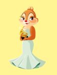  2017 anthro bare_shoulders blue_eyes blush cheek_tuft chipmunk clarice_(disney) clothed clothing cocktail_dress disney disney_nns dress eyelashes facial_tuft female fur grammy green_clothing green_dress ground_squirrel half-closed_eyes holding_object looking_aside mammal narrowed_eyes open_mouth open_smile red_nose rodent sciurid simple_background smile standing tan_body tan_fur tuft yellow_background 