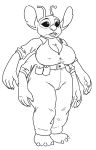 2020 4_arms 4_fingers alien antennae_(anatomy) anthro anthrofied big_breasts black_and_white breasts clothed clothing crossgender disney experiment_(lilo_and_stitch) female fingers head_tuft hi_res lilo_and_stitch monochrome multi_arm multi_limb notched_ear open_mouth pawpads prurientpie simple_background slightly_chubby standing stitch_(lilo_and_stitch) tuft white_background 
