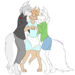  1:1 absurd_res blush canid canine canis clothed clothing eyebrows eyelashes eyes_closed fur group hair happy hi_res jessie_(wolfie-pawz) kissing long_hair mammal nathan_fawe smile tina_hart what_the_hart_wants white_body white_fur white_hair wolf wolfie-pawz 