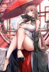  1girl absurdres arm_support azur_lane bangs bare_legs black_footwear blush breasts brown_hair china_dress chinese_clothes cleavage cleavage_cutout commentary_request crossed_legs dress earrings eyebrows_visible_through_hair eyelashes fan folding_fan gu_luco hair_ribbon high_heels highres huge_filesize jewelry large_breasts leaning_back legs long_hair mole mole_under_mouth off_shoulder panties pantyshot red_eyes ribbon shadow sidelocks sitting sleeveless smile solo sunlight swiftsure_(azur_lane) thighs umbrella underwear window 