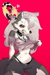  absurd_res anthro blitzo_(vivzmind) breasts canid canid_demon canine canis clothed clothing collar demon female fur hair hellhound helluva_boss hi_res loona_(vivzmind) mammal nipples oridux red_sclera shirt solo_focus topwear wet wet_clothing wet_shirt wet_topwear wolf 