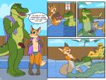  4:3 age_difference alligator alligatorid animal_genitalia anthro balls belly big_belly canid canine clothing comic compfive crocodilian cub digital_media_(artwork) duo fox genitals gus_the_gator humanoid_penis kyle_the_fox licking looking_pleasured male male/male mammal mature_male moan musclegut penis penis_tip reptile scalie sheath size_difference slightly_chubby swimming_pool tongue tongue_out towel underwear water young 