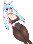  1girl animal_ear_fluff animal_ears arm_behind_back bangs black_legwear blue_hair blunt_bangs blush breasts cleavage covered_navel dutch_angle eyebrows_visible_through_hair ffragito flying_sweatdrops fox_ears groin long_hair looking_at_viewer one-piece_swimsuit original pantyhose pantyhose_under_swimsuit purple_eyes simple_background smile solo swimsuit twintails white_background 