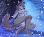  2019 4_toes 5_fingers aleu anthro areola balto_(film) blue_eyes breasts canid canine canis claws digital_media_(artwork) domestic_dog female fingers genitals hybrid imanika looking_at_viewer mammal nipples nude pussy smile snow solo toe_claws toes wolf 