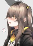  ! 1girl bangs black_jacket black_ribbon blush brown_eyes brown_hair dress_shirt eyebrows_visible_through_hair girls_frontline grey_background hair_between_eyes hair_ornament hood hood_down hooded_jacket jacket kurifuto long_hair neck_ribbon nose_blush one_side_up open_mouth out_of_frame petting profile ribbon scar scar_across_eye shirt simple_background solo_focus spoken_exclamation_mark ump45_(girls_frontline) upper_body white_shirt x-ray 