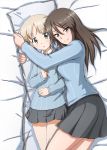  1girl aki_(girls_und_panzer) bangs bed_sheet blue_shirt brown_eyes brown_hair closed_mouth dakimakura_(object) dress_shirt eyebrows_visible_through_hair girls_und_panzer green_eyes grey_skirt highres keizoku_school_uniform light_brown_hair long_hair long_sleeves looking_at_viewer mika_(girls_und_panzer) miniskirt no_hat no_headwear omachi_(slabco) on_bed parted_lips pillow pillow_hug pleated_skirt school_uniform shirt short_hair short_twintails skirt smile solo striped striped_shirt twintails vertical-striped_shirt vertical_stripes white_shirt wing_collar 