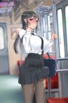  bag black_hair black_neckwear black_skirt blue_eyes blush commentary_request dixsept erection erection_under_clothes futanari hair_ornament hairclip original school_uniform shirt skirt tented_shirt train_interior white_shirt 