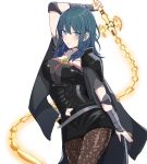  1girl arm_up armor blue_eyes blue_hair byleth_(fire_emblem) byleth_(fire_emblem)_(female) closed_mouth fire_emblem fire_emblem:_three_houses highres holding holding_sword holding_weapon medium_hair monotiina navel navel_cutout pantyhose simple_background smile solo sword weapon white_background 