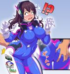  !? 1boy 1girl ass ass_grab bangs blue_bodysuit blush bodysuit breasts brown_hair covered_navel curvy d.va_(overwatch) deep_skin facial_mark groping hand_on_ass highres kihaiu large_breasts long_hair multiple_views open_mouth overwatch pilot_suit ribbed_bodysuit shiny shiny_hair shiny_skin shoulder_pads skin_tight solo_focus standing surprised swept_bangs thighs whisker_markings 