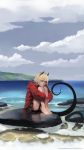  barefoot beach blonde_hair bottomwear butt clothing cloud day detailed_background female hair hi_res hoodie horn humanoid humanoid_pointy_ears outside paintrfiend seaside sitting skirt smile solo topwear 