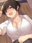  1girl bangs bench blush breasts brown_hair brown_skirt cccpo cleavage collarbone commentary_request eyebrows_visible_through_hair highres large_breasts looking_at_viewer lying on_back open_mouth original shirt short_hair short_sleeves skirt smile solo tomboy white_shirt 