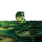  1girl barrel commentary cowboy_shot dripping drum_(container) flat_chest green_eyes green_hair highres hinge hose leotard long_hair looking_at_viewer nc_empire_(circle) original simple_background solo thick_eyebrows wet wet_hair wheel_crank white_background 