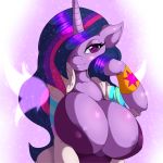  1:1 2020 anthro areola big_breasts breasts clothed clothing digital_media_(artwork) equid eyelashes female friendship_is_magic hair hair_over_eye hi_res horn huge_breasts long_hair looking_at_viewer mammal multicolored_hair my_little_pony nipple_outline one_eye_obstructed purple_eyes solo suirano twilight_sparkle_(mlp) 
