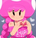 &lt;3 :&gt; absurd_res bangs black_eyes blue_background blush bust_portrait english_text front_view fungi_fauna fungi_humanoid fungus grey_background hair hi_res humanoid looking_at_viewer mario_bros nintendo noseless not_furry pale_skin pigtails pink_hair portrait reaction_image simple_background smile somescrub text toadette vertical_bar_eyes video_games 