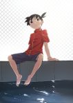  1boy absurdres barefoot black_hair blue_eyes blue_shorts chain-link_fence feet fence full_body glimo highres looking_up male_focus medarot outdoors pool poolside red_shirt shirt short_ponytail shorts smile solo tenryou_ikki watch wristwatch 