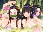  &gt;:) 4girls :o ? afloat armpits arms_up bamboo bangs bathing bit_gag black_hair blunt_bangs breasts butterfly_hair_ornament cleavage commentary_request eighth_note eyebrows_visible_through_hair fingernails forehead gag gagged gradient_hair green_hair hair_ornament hair_ribbon highres kamado_nezuko kanroji_mitsuri kimetsu_no_yaiba kochou_shinobu large_breasts leaf long_fingernails long_hair looking_to_the_side medium_breasts multicolored_hair multiple_girls musical_note nail_polish nude onsen parted_lips partially_submerged pink_eyes pink_hair pink_nails pink_ribbon purple_eyes purple_hair red_eyes red_hair ribbon rock short_hair small_breasts sparkle stretch tsuyuri_kanao upper_body v-shaped_eyebrows water waterring 