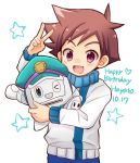  &gt;_o 1boy blush brown_hair chana_gon character_name dated happy_birthday hayasugi_hayato looking_at_viewer one_eye_closed open_mouth purple_eyes shinkansen_henkei_robo_shinkalion spiked_hair sweater v 