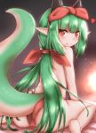  &lt;3 2020 animal_humanoid blush butt clothed clothing cute_fangs dragon dragon_humanoid eyebrow_through_hair eyebrows female green_hair green_tail hair hi_res horn horokusa0519 humanoid humanoid_pointy_ears looking_at_viewer panties red_eyes smile solo topless translucent translucent_hair underwear 