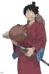  1boy :p black_eyes black_hair food hat highres holding holding_food japanese_clothes meat monkey_d._luffy one_piece scar scar_on_face sheath sheathed solo straw_hat sword tongue tongue_out topknot ufkqz weapon white_background 
