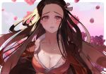  1girl artist_name black_hair blush border breasts cleavage collarbone commentary_request crying crying_with_eyes_open flower forehead gradient_hair hair_ribbon japanese_clothes kamado_nezuko kimetsu_no_yaiba kimono long_hair looking_at_viewer medium_breasts multicolored_hair older open_clothes open_kimono outside_border parted_lips patterned_clothing peach_luo petals pink_eyes pink_flower pink_kimono pink_ribbon red_hair ribbon solo sparkle tears upper_body very_long_hair white_border 