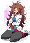  1girl android_21 between_breasts black_legwear blue_eyes breasts brown_hair checkered checkered_dress coat covered_navel dragon_ball dragon_ball_fighterz dress earrings glasses heart hoop_earrings jewelry kara_age labcoat large_breasts long_hair long_sleeves looking_at_viewer messy_hair multicolored multicolored_clothes multicolored_dress no_shoes open_clothes open_coat pantyhose red_ribbon_army short_dress sitting smile solo turtleneck very_long_hair wariza white_coat 