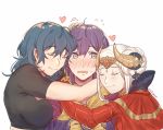  3girls aqua_hair bernadetta_von_varley blush byleth_(fire_emblem) byleth_(fire_emblem)_(female) closed_eyes edelgard_von_hresvelg fire_emblem fire_emblem:_three_houses group_hug head_rub heart horned_headwear hug multiple_girls open_mouth purple_hair silver_hair smile sweatdrop tiara toned upper_body yukari_(bryleluansing) 