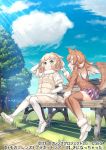  2girls animal_ears bench beniimo_danshaku commentary_request elbow_gloves eyebrows_visible_through_hair fur_collar fur_trim gloves hands_in_pockets horns japanese_wolf_(kemono_friends) kemono_friends kemono_friends_3 light_brown_hair light_brown_legwear long_hair long_sleeves multicolored_hair multiple_girls official_art pantyhose plaid plaid_neckwear plaid_skirt pleated_skirt puffy_coat sheep_(kemono_friends) sheep_ears sheep_girl sheep_horns sheep_tail shoes short_hair sitting skirt sneakers sweater tail thighhighs vest white_gloves white_hair white_legwear wolf_ears wolf_girl wolf_tail yellow_eyes zettai_ryouiki 
